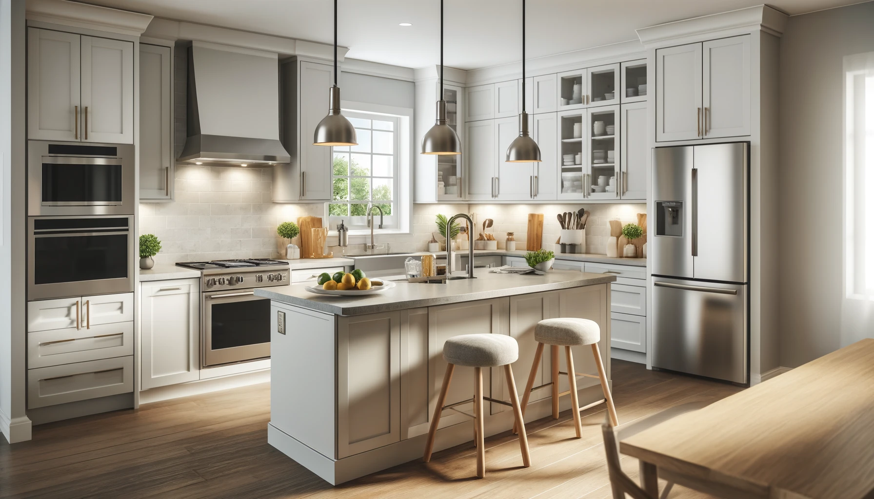 A modern kitchen with updated appliances and quartz countertops. The kitchen features a large island pendant lighting and sleek cabinetry.