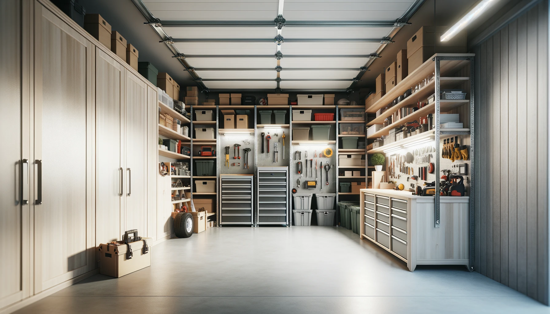 A spacious and well organized garage with ample storage. The garage features wall mounted cabinets shelves and hooks for tools and other items